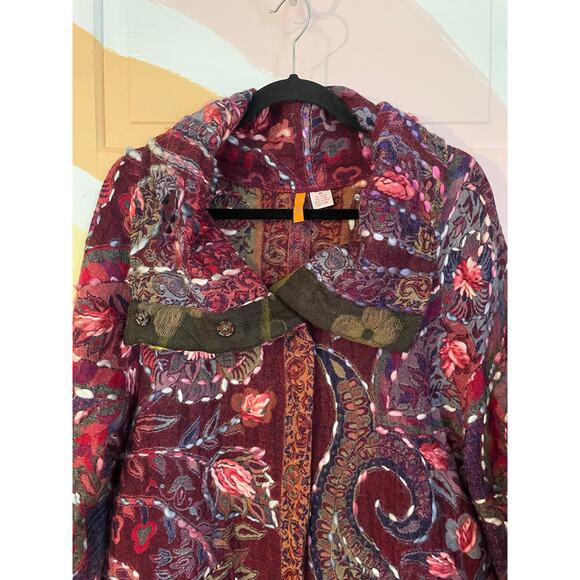 SAINU Wool Embroidered Boho Coat Jacket Burgundy Floral Paisley Size M - Picture 7 of 13